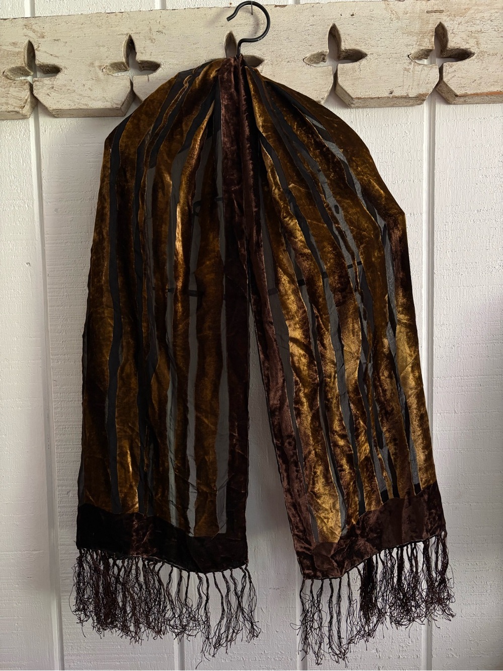 Vintage  Brown and Gold Tiger Striped Velvet Silk Scarf